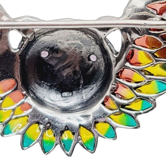 Handmade 925 Sterling Silver Plique Enamel Ruby Marcasite Brooch Owl in Flight - Picture 8 of 9